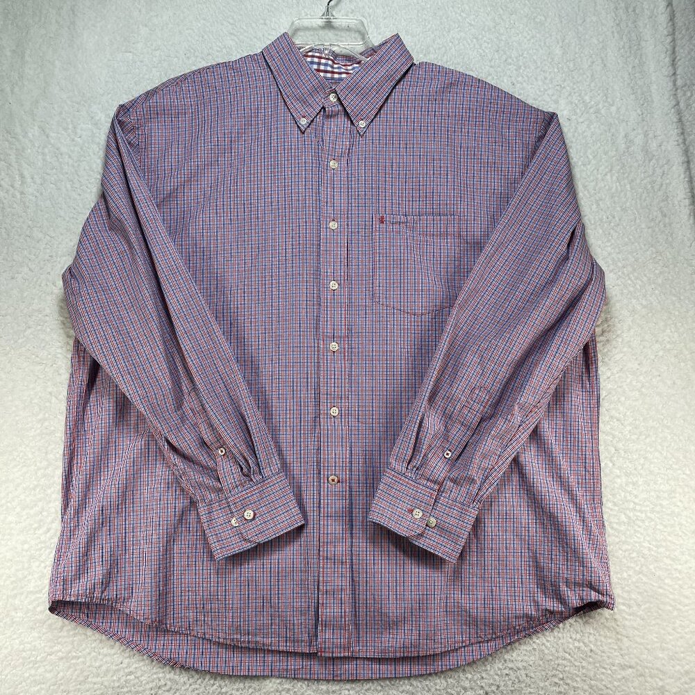 Izod Shirt Men's 2XL Red Blue Plaid Cotton Long Sleeve Shirt Pocket Embroidered